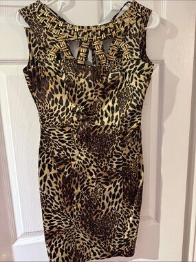 XOXO Leopard-Print Midi Dress with Gold Beaded Neckline